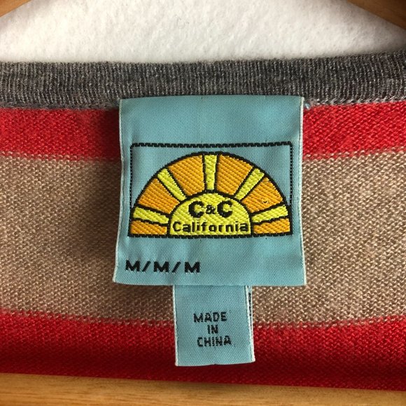 C&C California Women's Size Medium Tan Coral Grey Striped Wool Cashmere Sweater - Picture 6 of 6